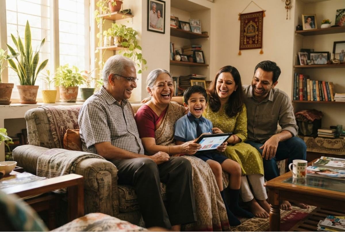 Three generations of a family at home with a Care Partner