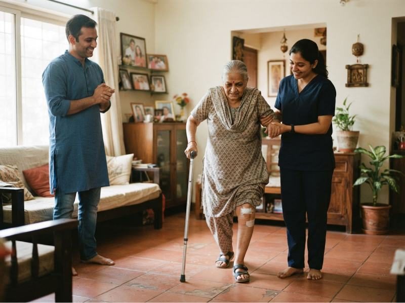 A physiotherapist helping an older woman walk at home
